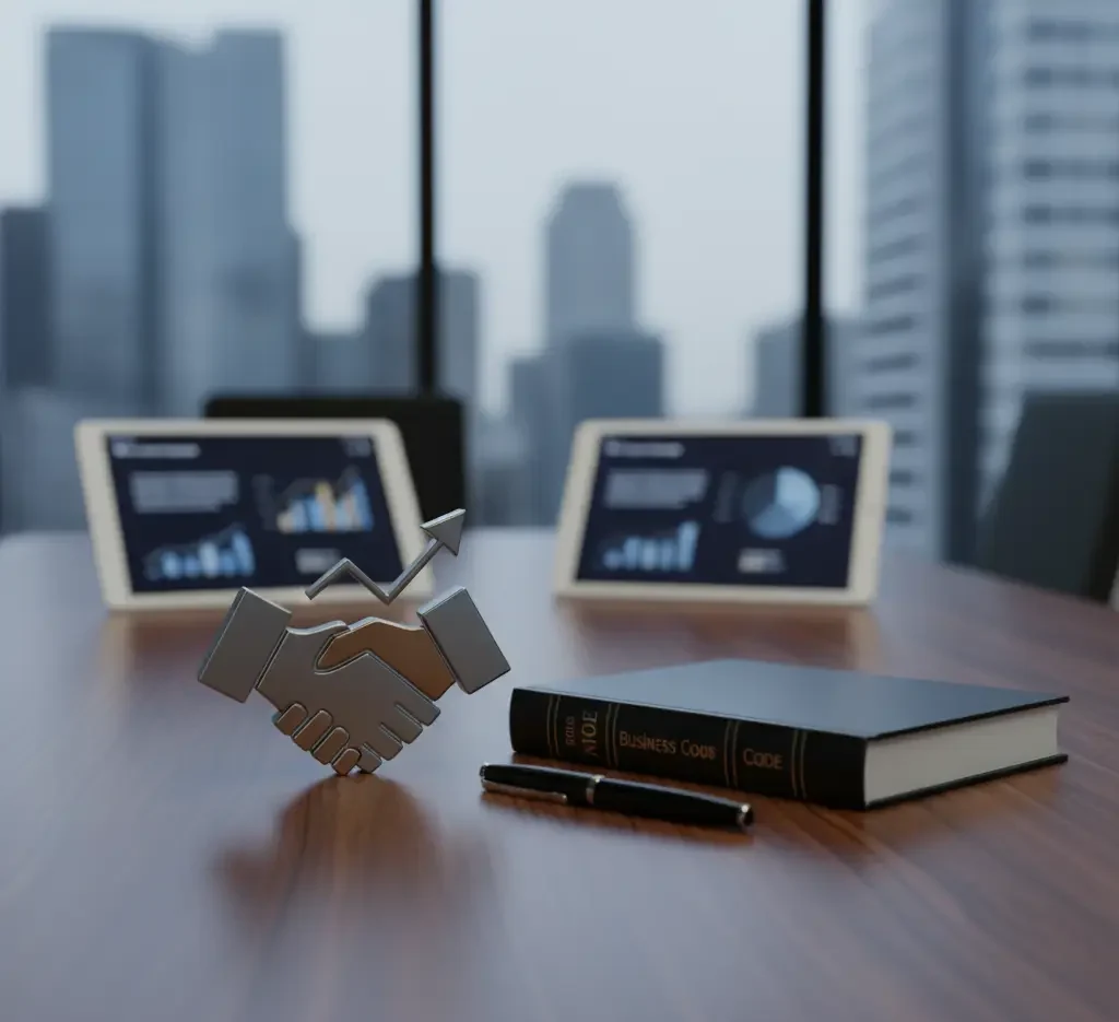 Imagem que representa o Direito Empresarial com uma caneta para fechar contrato e duas mãos fechando acordo.