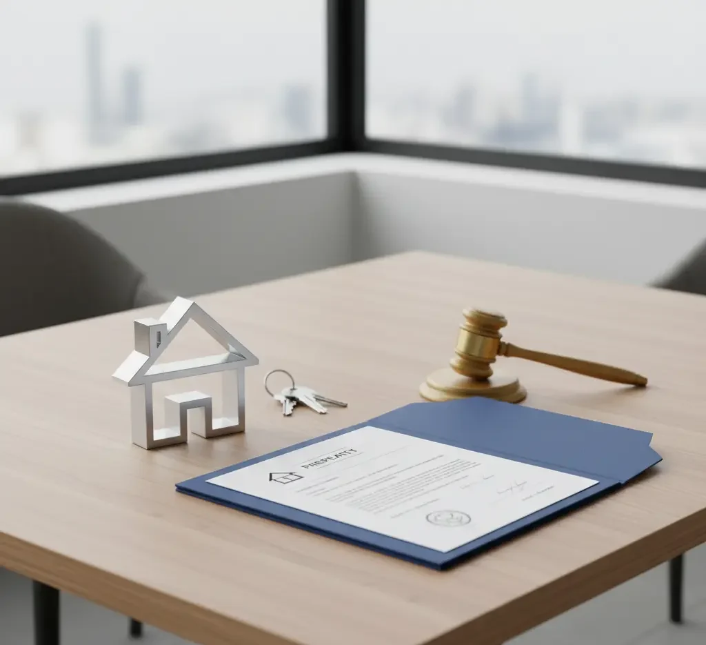 Imagem que representa o Direito Imobiliário com um contrato de venda de imóvel na mesa
