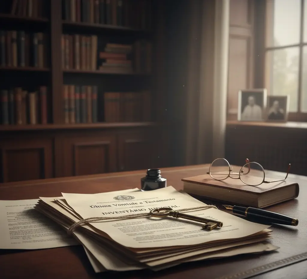 Imagem que representa o Direito de Sucessões com um inventário em cima da mesa